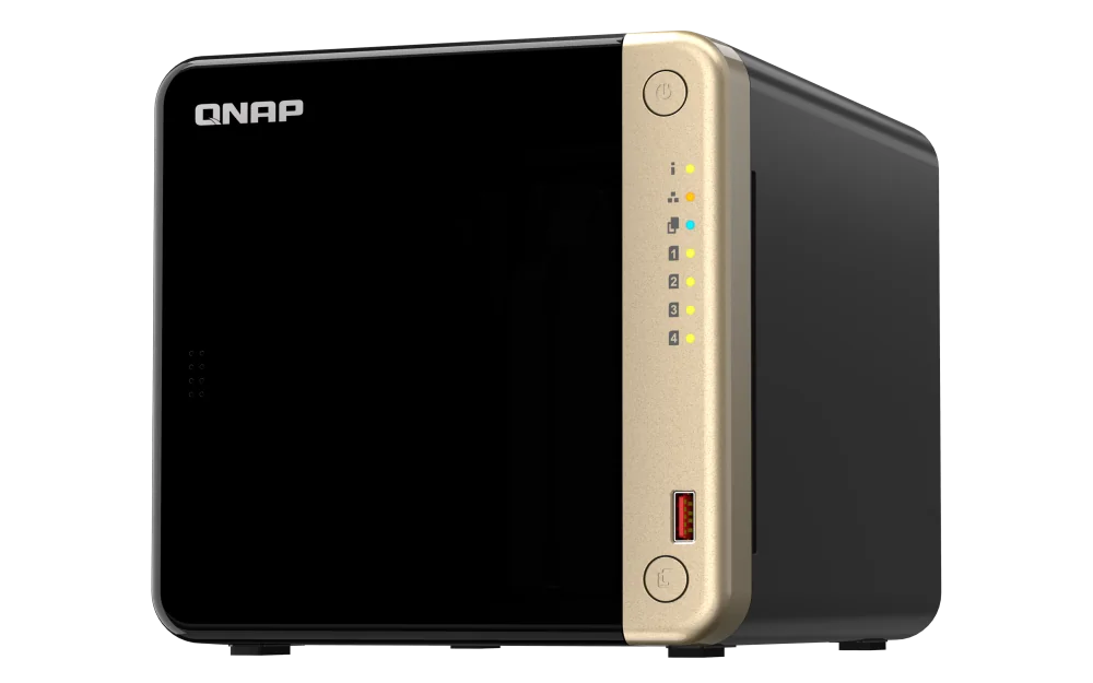 NAS QNAP 464 4-Bay, CPU Intel Celeron N5105/N5095 4-core/4-thread Processor, RAM 8 GB DDR4 (onboard, not expandable), HDD 4 x 2.5"/3.5" SATA 6Gbps + 2 x M.2 2280 PCIe Gen 3 x1 SSD slots (neincluse), LAN: 2 x 2.5GbE (optional 10GbE expansion via a PCIe