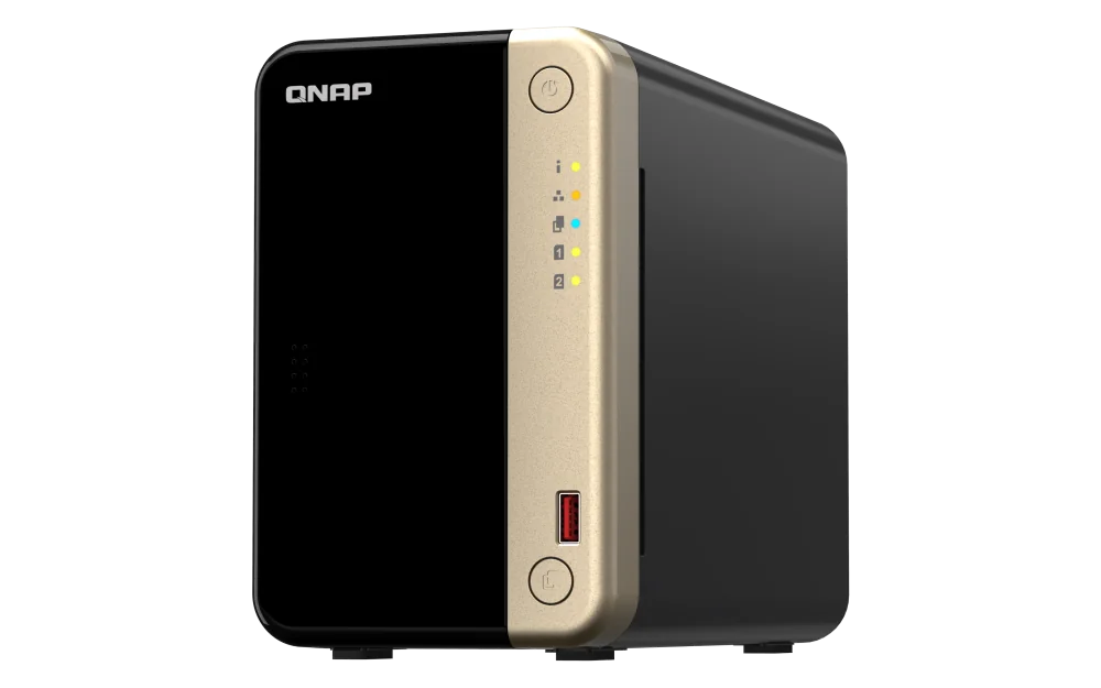NAS QNAP 264 2-Bay, CPU Intel Celeron N5105/N5095 4-core/4-thread Processor, RAM 8 GB DDR4 (onboard, not expandable), HDD 2 x 2.5"/3.5" SATA 6Gbps + 2 x M.2 2280 PCIe Gen 3 x1 SSD slots (neincluse), LAN: 2 x 2.5GbE (optional 10GbE expansion via a PCIe
