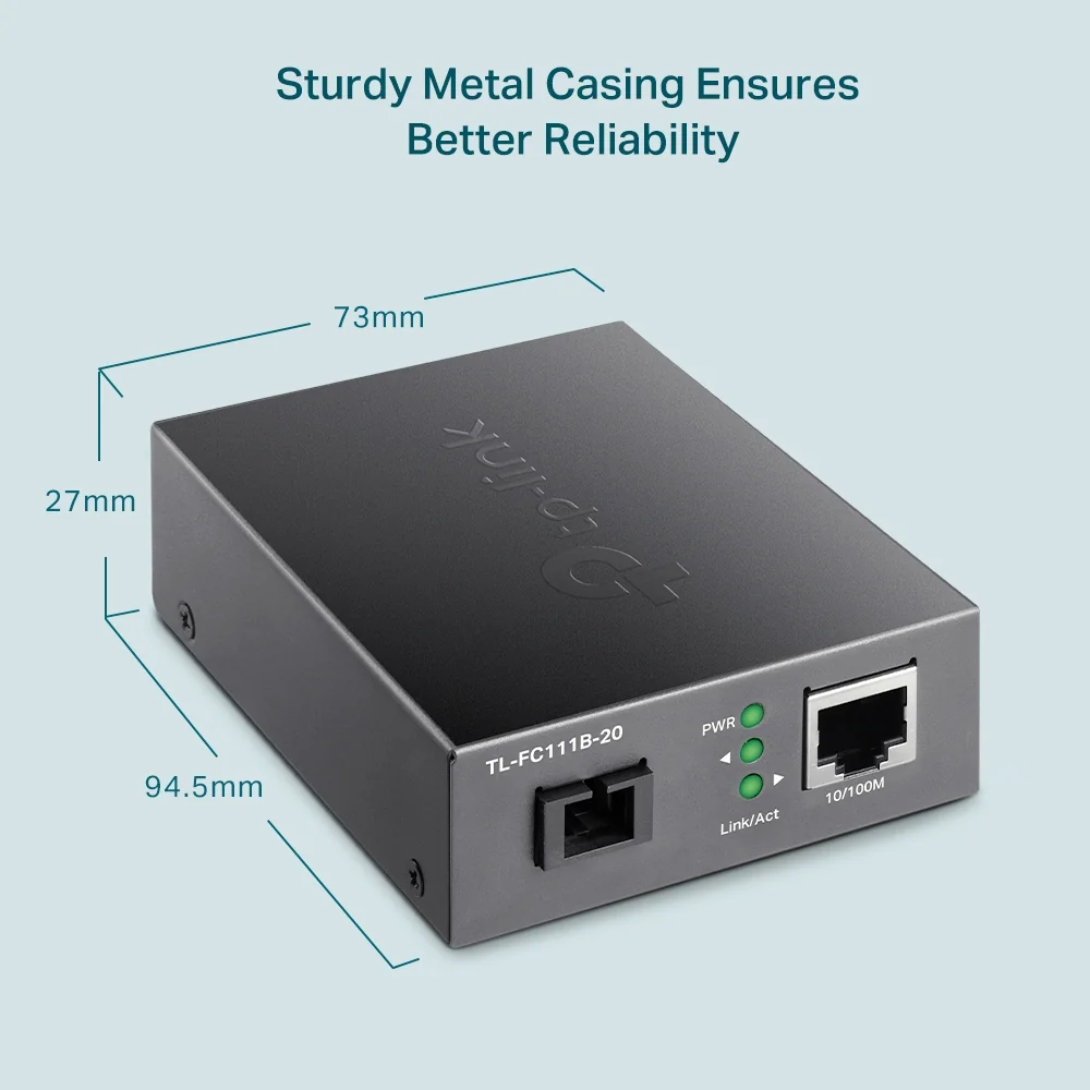 "10/100 Mbps RJ45 to 100 Mbps Single-mode SC WDM Bi-Directional Fiber Converter PORT: 1× 100Mbps SC Port, 1× 10/100M RJ45 Port (Auto MDI/MDIX) SPEC: Full-duplex, Tx:1310 nm, Rx:1550 nm, Up to 20 km, Chassis TL-FC1420 Rack-mountable"