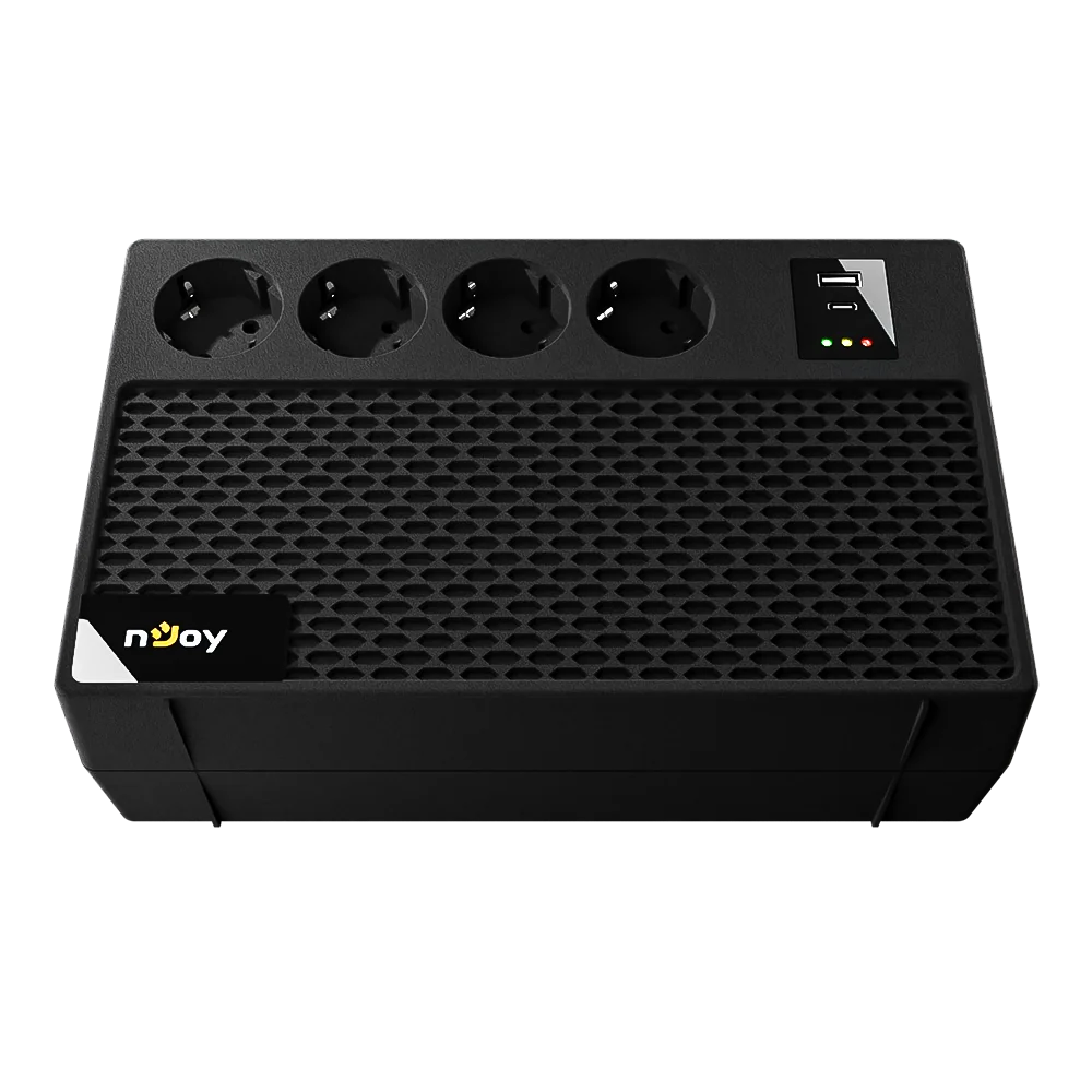 UPS nJoy Renton 650 Plus, 650VA / 360W, 4x prize Schuko conectate la baterie, 1x port incarcare USB Tip C 33W, 1x port de incarcare USB Tip A 18W, fara display LCD, tensiune nominala de intrare 230V  Caracteristici Stabilizator (AVR) de tip Boost and