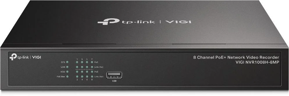 NVR PoE TP-Link VIGI 8 canale 1008H-8MP; 113W, 8 MP,1 SATA Interface, max 10TB, H.265+; ONVIF, etecție mișcare, linie, intruziune, persoane, vehicule etc.