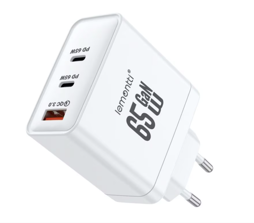 Lemontti Incarcator Retea GaN 2x Type-C si 1x USB-A, 65W, Fast Charge, EU Plug, Alb | Altamag.ro