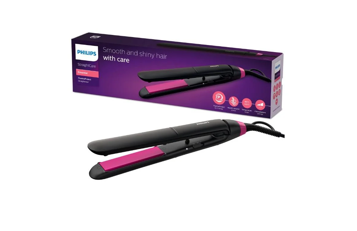 Placa de indreptat parul PHILIPS BHS375/00, Cu placi ceramice cu infuzie cheratina, 2 trepte de temperatura, 220C, timp de incalzire 60s, Negru, L x A x I (mm) 54x346x90