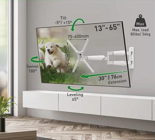 Suport TV de perete Barkan, cu brat  13"- 65", Max 36kg, VESA 400x400, alb | Altamag.ro