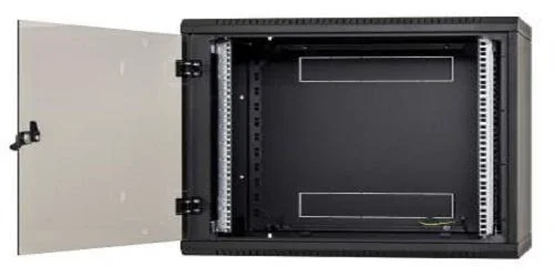 Rack de perete Triton sectiune simpla 9U 600mm adancime usa sticla panouri laterale fixe sectiuni ventilatie activa, sectiuni acces cabluri sus/jos/spate securizare cu cheie, 1 pereche montanti reglabili IP30 negru