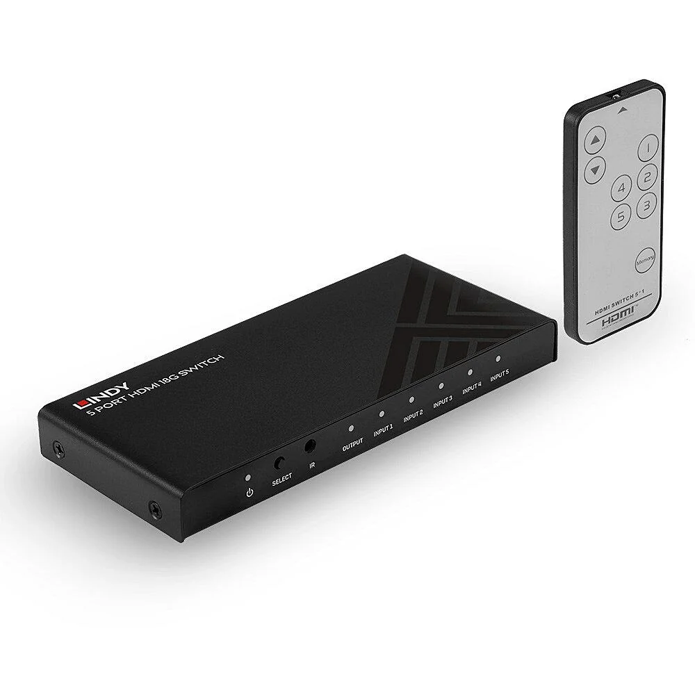 Lindy 5 Port HDMI 18G Switch  Technical details  Specifications  AV Interface: HDMI Interface Standard: HDMI 2.0 Supports Bandwidth: 18Gbps Maximum Resolution: 3840x2160@60Hz 4:4:4 8bit HDCP Support: HDCP 2.2 Supported Audio: Audio Pass-through Separate