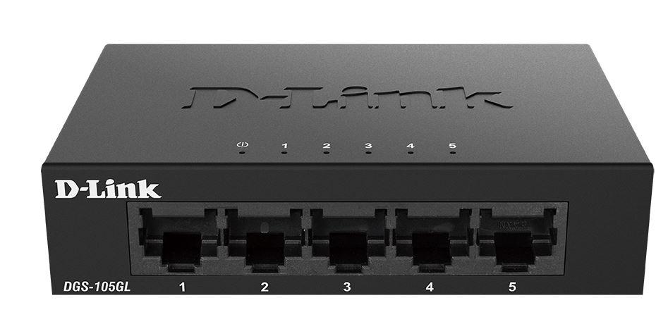 D-Link Switch DGS-105GL, 5 porturi Gigabit, Capacity 10Gbps, desktop, faramanagement, metal, negru, fara ventilator, D-Link G