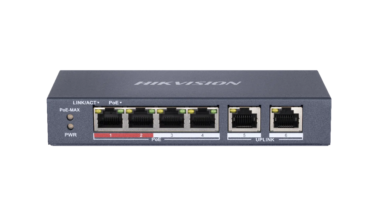 Switch Hikvision DS-3E0106P-E-M, Switching capacity 1.6 Gbps, 4 x 10/100Mbps PoE ports, and and 2 × 10/100Mbps RJ45 ports, MAC address table 4 K, PoE power budget 35 W, Internal cache 768 Kbits, 6 KV surge protection for PoE ports, Up to 300 m long-range