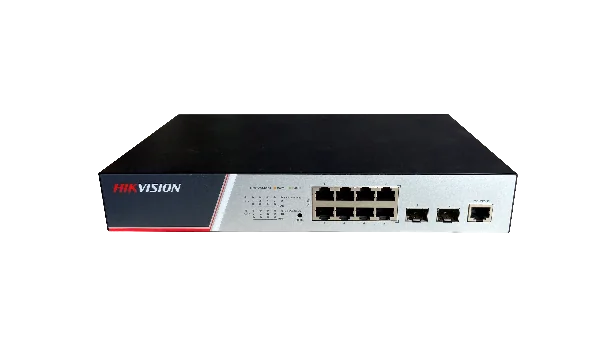 Switch Hikvision DS-3E2510P(B), Switching Capacity 336 Gbps, 8 Gigabit Poe electrical ports and 2 Gigabit / 100M SFP optical ports, Address Table 8 K, Support binding of IP, MAC, port and VLAN, dimensiuni: 280 mm × 44 mm × 180 mm, temperatura de
