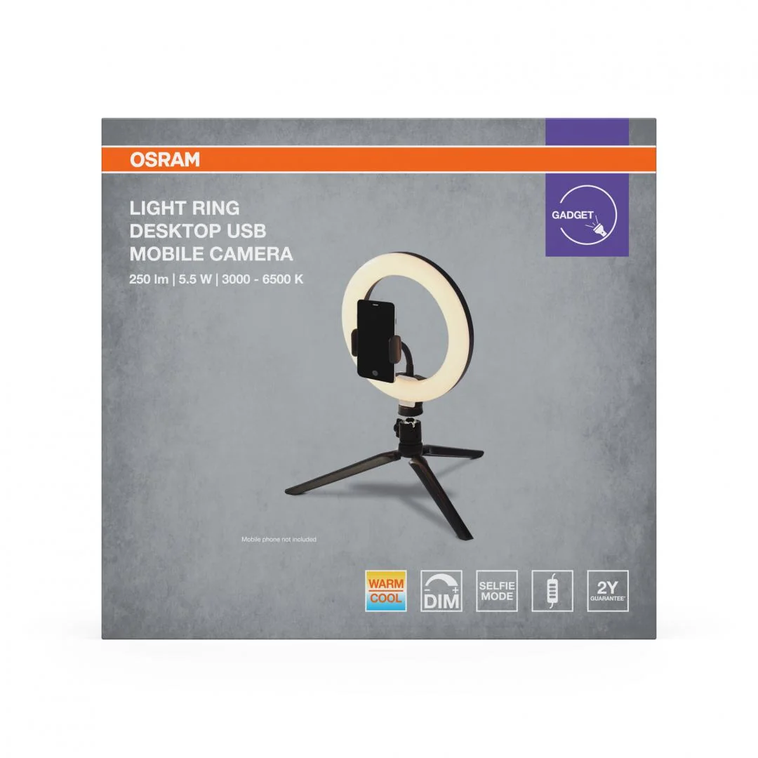 Lampa LED circulara portabila OSRAM Selfie RING, 5.5W, 250 lm, lumina alba(3000-6500K), dimabila, 1xCR2032, telecomanda, IP20, Ø20cm  / ↕ 33cm, Negru