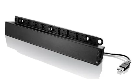 Lenovo USB Soundbar, Compatible with most Lenovo ThinkVision monitors Dual Speaker support with 1.25+1.25 total watts of output Audio volume controlled directly from the soundbar, Volume+ / volume- / mute button, Audio is linked to PC audio control,