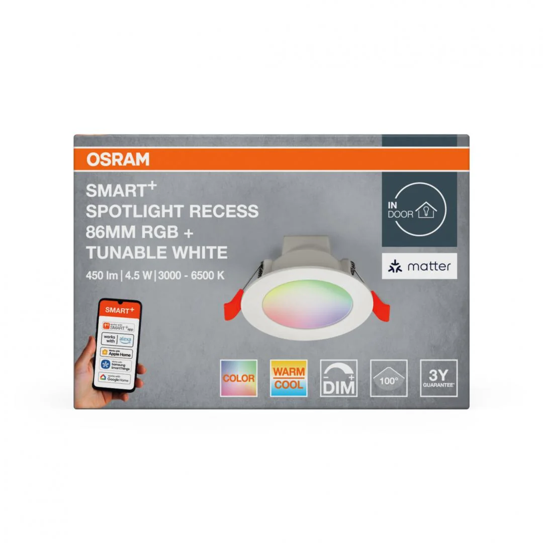Spot LED RGB incastrat OSRAM SMART+ MATTER 100°, 4.5W, 450 lm, lumina alba si color(3000-6500K), IP20/IK03, Ø86mm, Alb Osram
