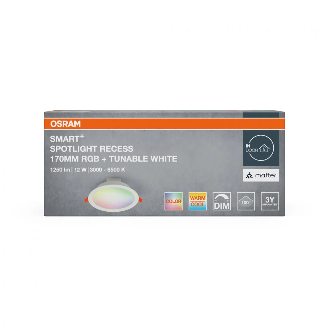 Spot LED RGB incastrat OSRAM SMART+ MATTER 100°, 12W, 1250 lm, lumina alba si color(3000-6500K), IP20/IK03, Ø170mm, Alb Osram