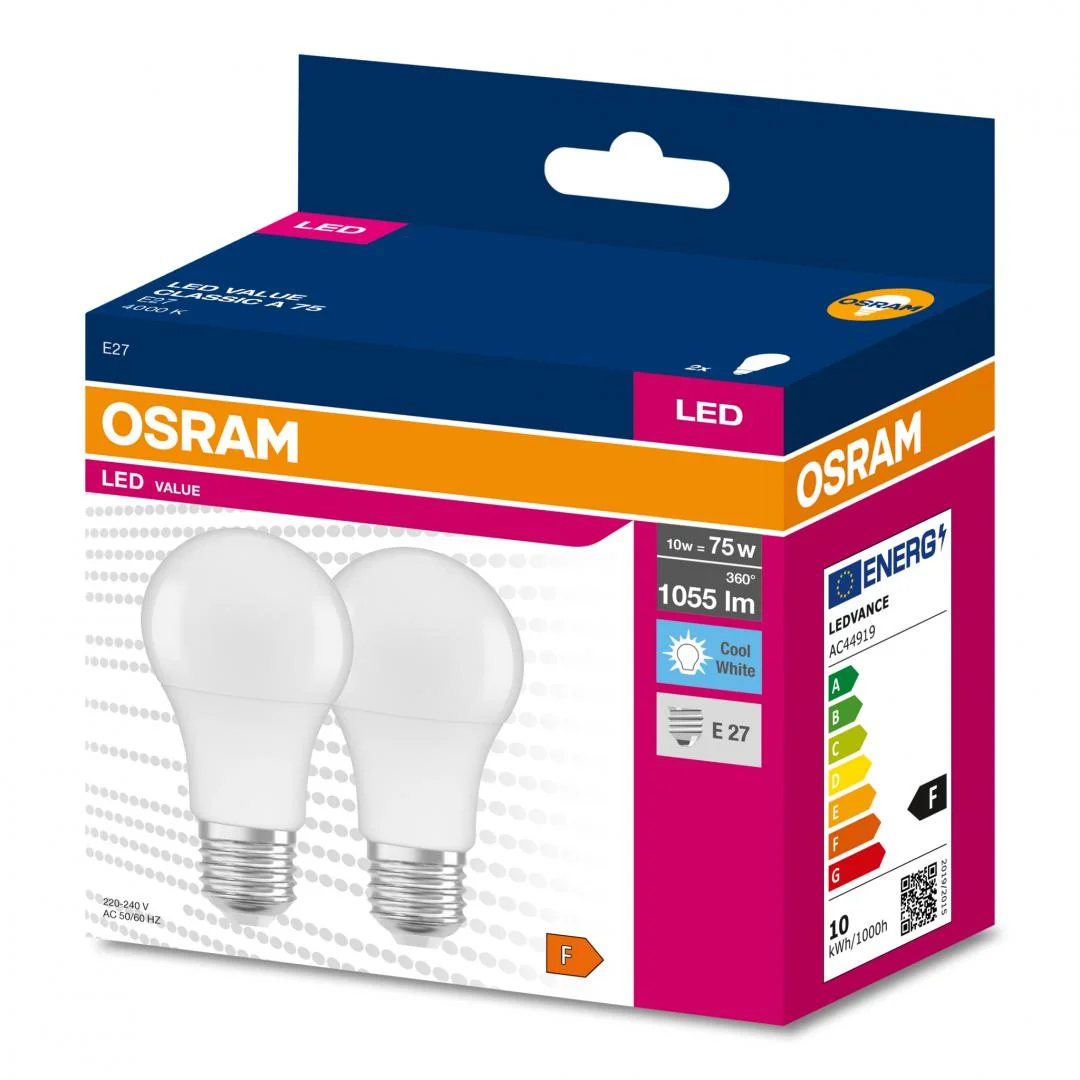 2 Becuri LED Osram Value Classic A, E27, 10W (75W), 1055 lm,luminaneutra (4000K) Osram