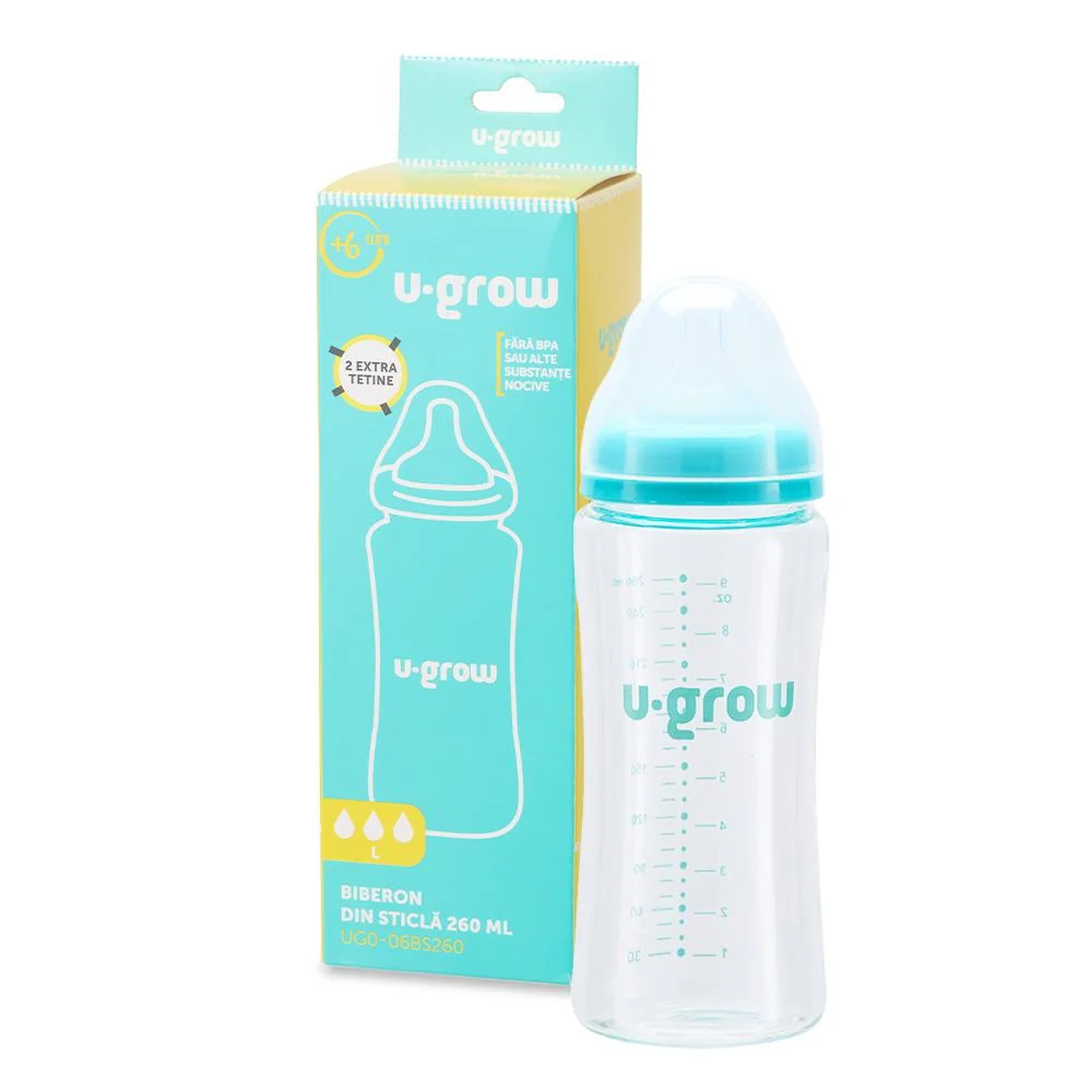 Biberon de sticla 260 ml+2 tetine extra, U-Grow U-Grow