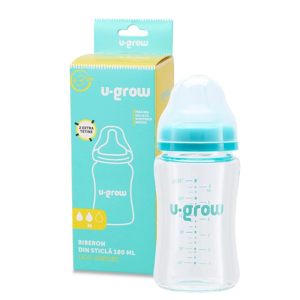 Biberon de sticla180 ml+2 tetine, U-Grow U-Grow