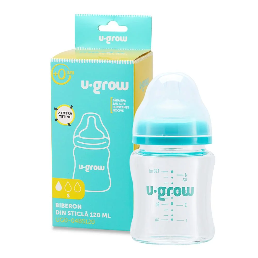 Biberon de sticla 120 ml+2 tetine extra, U-Grow U-Grow