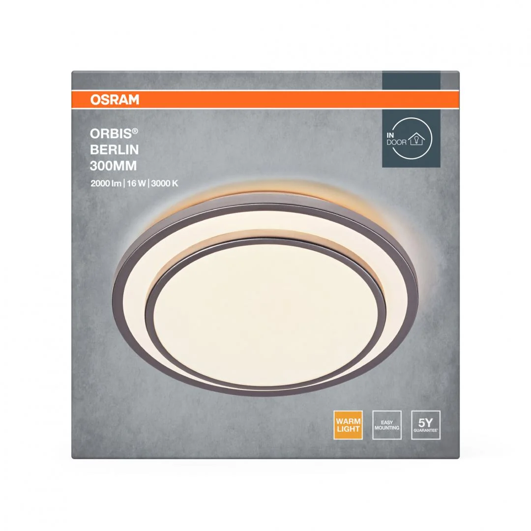 Plafoniera LED OSRAM Orbis Berlin 300, 16W, 2000 lm, lumina calda(3000K), IP20, Γ30cm, metal/plastic, Argintiu Osram
