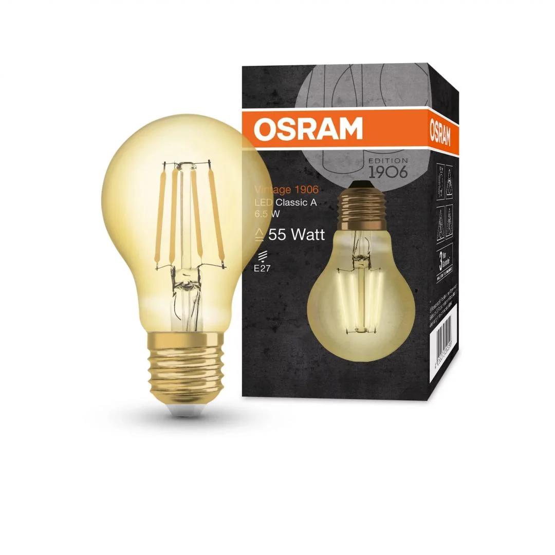 Bec LED Osram Vintage 1906 CLAS A, E27, 6.5W (50W), 650 lm, lumina calda(2400K), cu filament Osram