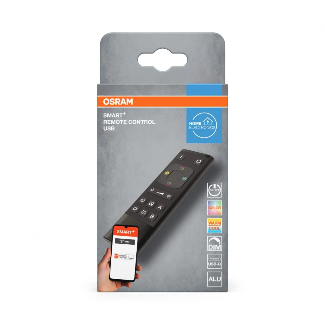 Telecomanda OSRAM SMART+ WiFi, 12x4.1x1.9cm, Gri, 2x baterii AAA neincluse, pana la 15 surse/corpuri de iluminat, cu optiunile de dimare,control RGB si setare de scene luminoase Osram