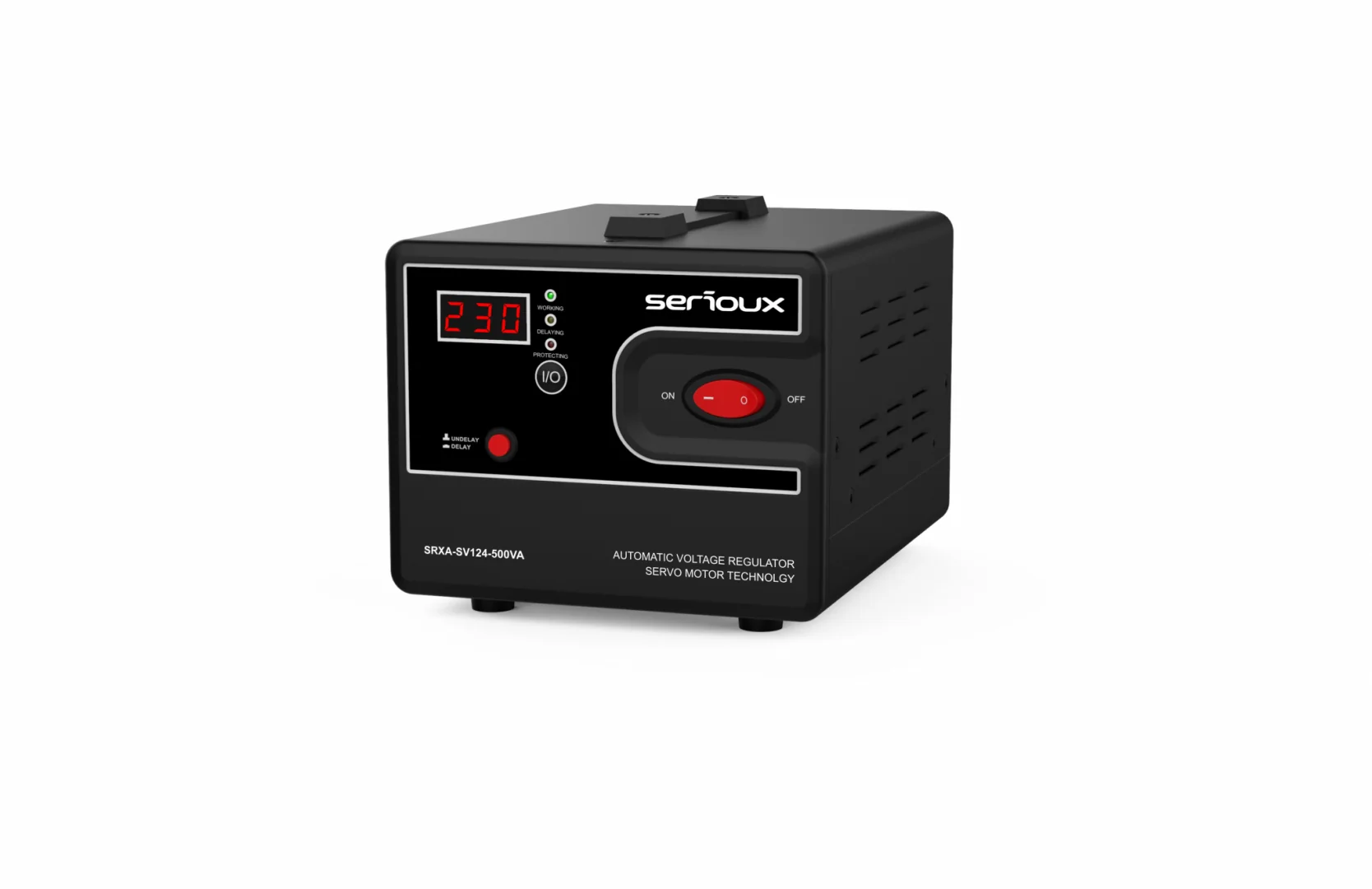 Stabilizator de tensiune Serioux Servo 124-500VA, putere 500VA/300W, tip servo motor, transformator toroidal+ Servo motor, interval tensiune intrare 150V ~ 260V, interval frecvența intrare 45Hz ~ 65Hz, tensiune de ieșire 230V, precizie de ieșire ±3%,