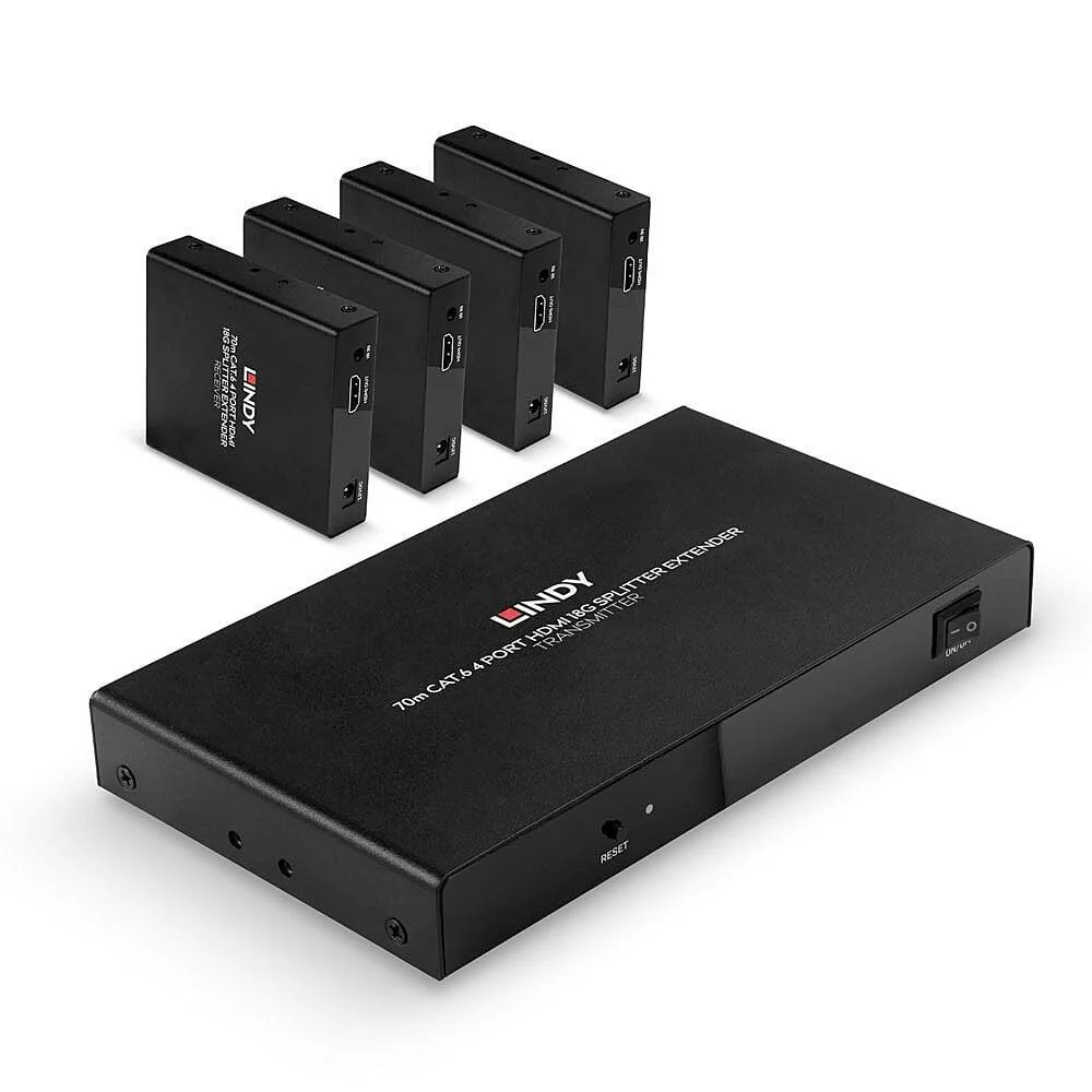 Lindy 70m 4 Port Cat.6 HDMI 4K60 Splitter Extender Description Distribute 4K HDMI signals to up to 4 displays in multiple locations Supports resolutions up to 4K@60Hz, with additional support for HDR Features a loop-through HDMI output on the
