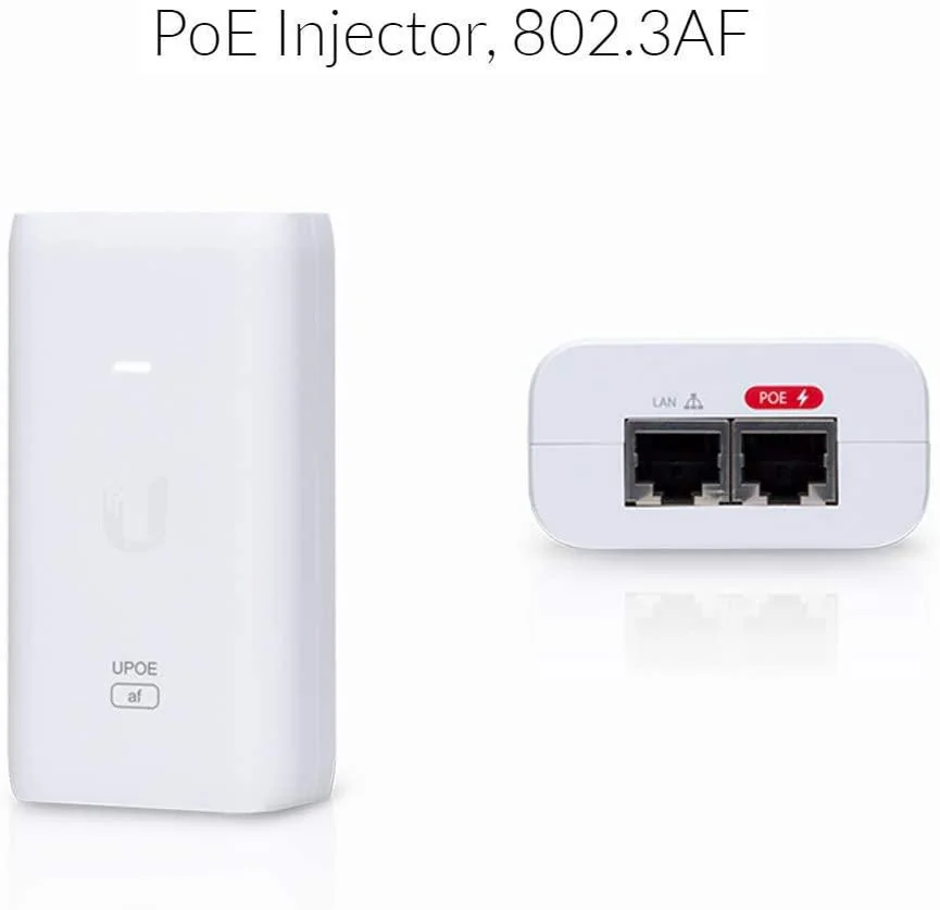 Ubiquiti POE External Injector, U-POE-AF, Output Voltage 48VDC @ 0.32A, Rated Voltage: 100-240VAC @ 50/60Hz, Efficiency 84.25%, Delivers up to 50W of PoE.