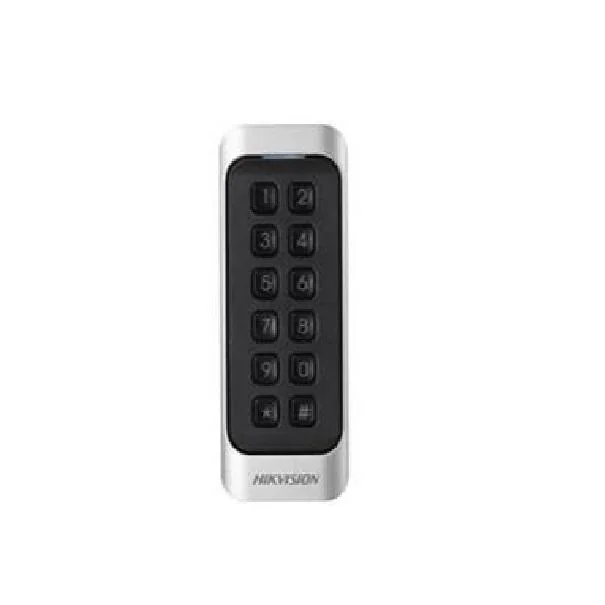 Cititor de card cu tastatura Hikvision DS-K1107AEK, citeste carduri cu frecventa de 125 KHz, distanta citire: <= 50 mm, RS-485, Wiegand (W26/W34) protocol si protocol OSDP, indicator de stare si alimentare, buzzer incorporat, tamper, alimentare 12VDC,