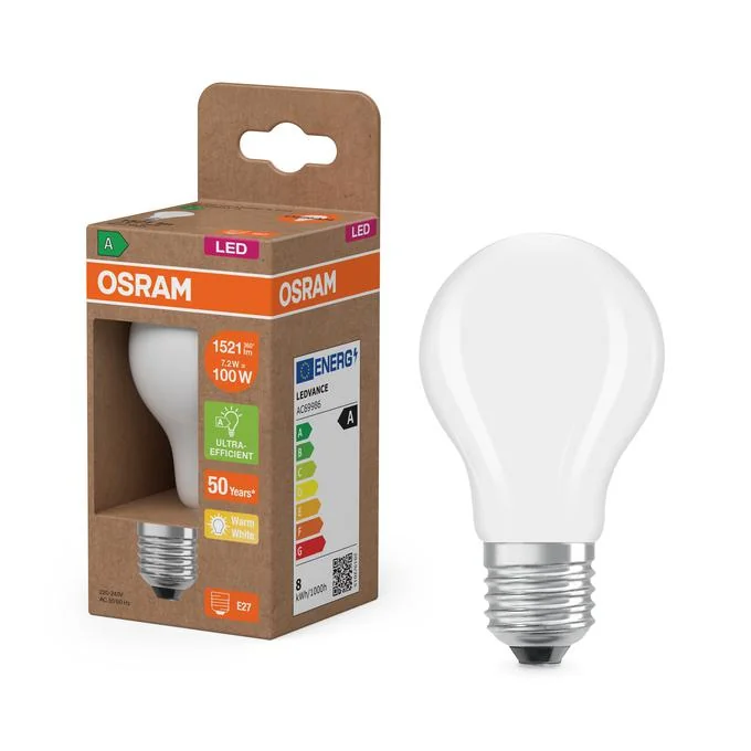 Bec LED Osram Classic A60, Ultra Efficient Light, E27, 7.2W (100W), 1521 lm, lumina calda (3000K) Osram