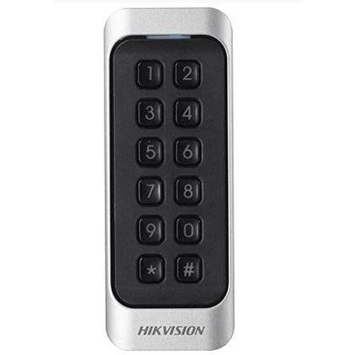 Cititor card cu tastatura Hikvision DS-K1107AMK, citeste carduri Mifare 13.56 MHz, distanta citire: ≤ 50 mm, RS-485, Wiegand (W26/W34) protocol si protocol OSDP, Watchdog, Keypad cu 12 butoane,  indicator de stare si alimentare, buzzer incorporat,