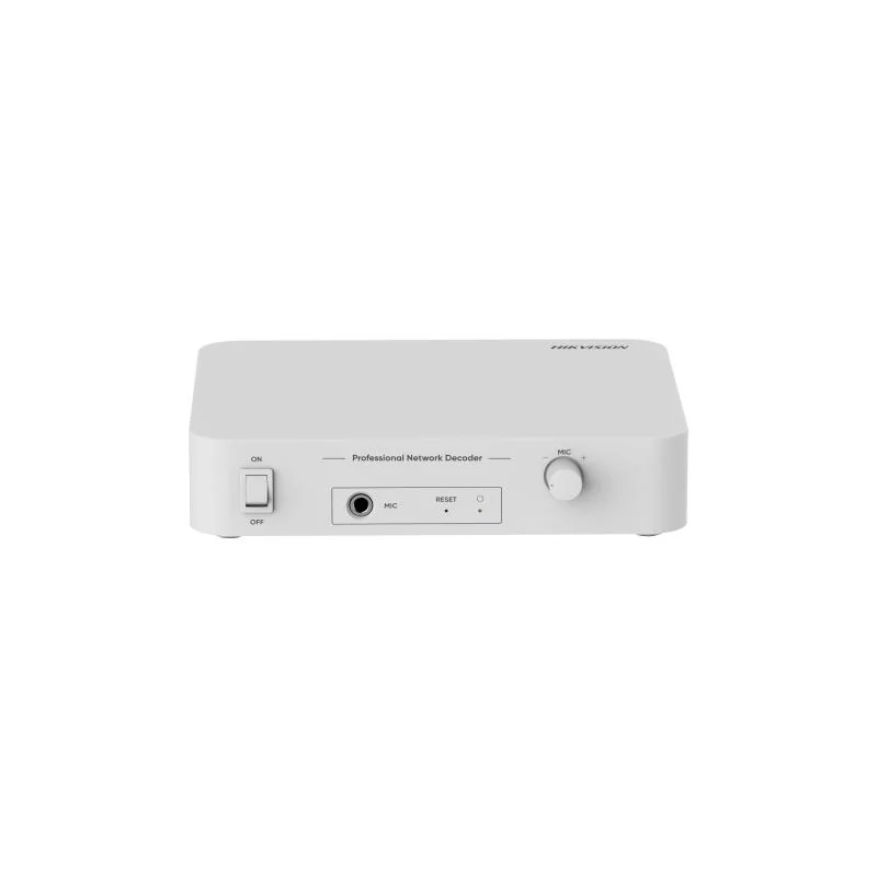 Network Decoder Hikvision, intrari audio: MIC/RCA, suporta: schedule/live/emergency broadcast, alarm linkage, TTS, protocol: IPv4, HTTP, HTTPS , SSL/TLS , DNS, NTP, TCP, UDP, IGMP, ICMP, DHCP, ARP, SSH, putere: 6 W / 24 VDC, alarma: 1/1, material: