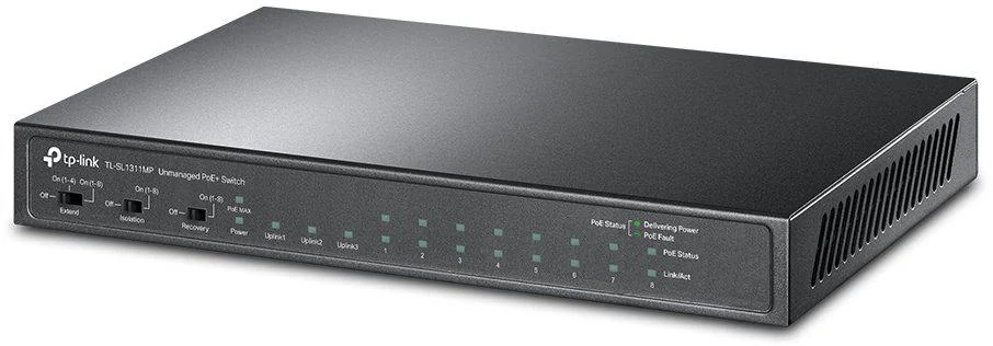"8-Port 10/100Mbps + 3-Port Gigabit Desktop Switch with 8-Port PoE+ PORT: 8× 10/100 Mbps PoE+ Ports, 2× Gigabit Non-PoE Ports, 1× Gigabit SFP Slots SPEC: 802.3at/af, 124 W PoE Power, Desktop Steel Case FEATURE: Extend Mode for 250m PoE Transmitting,