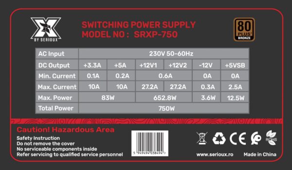 Sursa Serioux Energy 750W, Ventilator 12cm, ATX, material metal, cabluri: - imagine 3