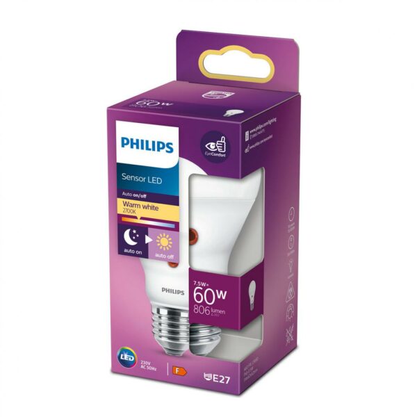 Bec LED cu senzor de lumina Philips A60, EyeComfort, E27,