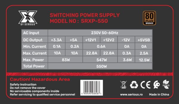 Sursa Serioux Energy 550W, Ventilator 12cm, ATX, material metal, cabluri: - imagine 3